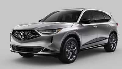 3/4 front view of grey Acura MDX on white space. 