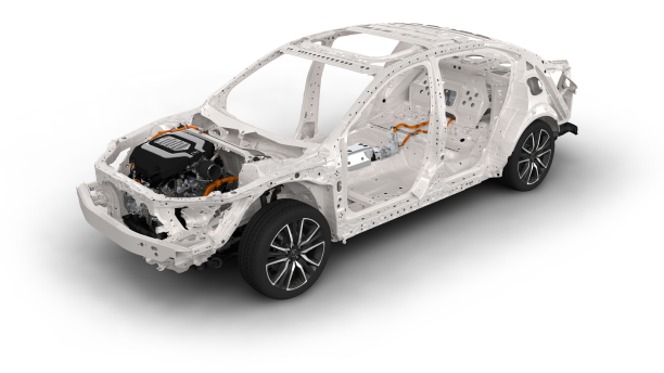 The frame of a white Acura is depicted against a white background.  